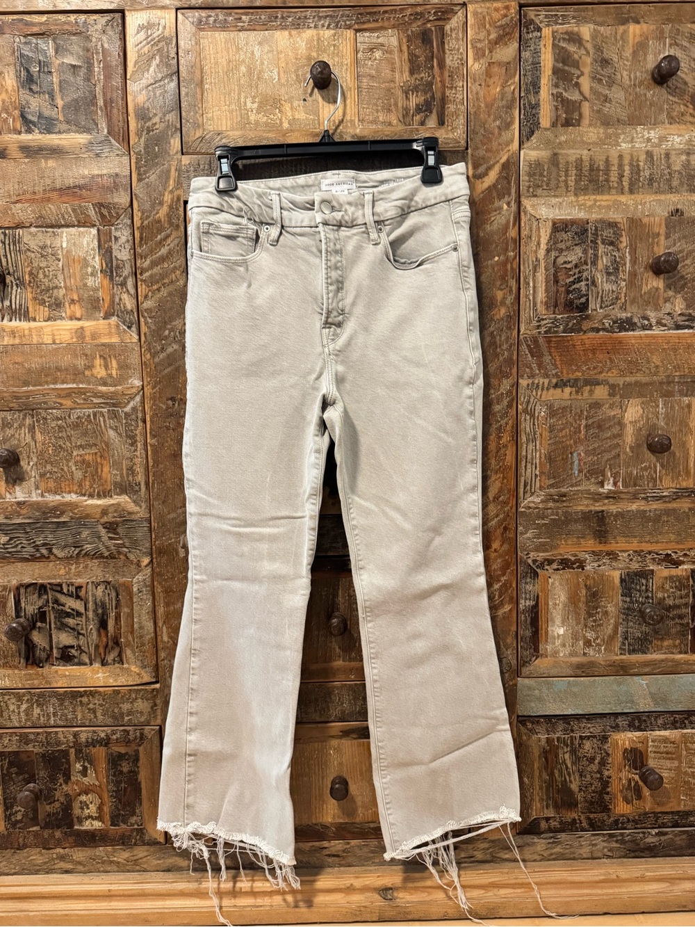 Good American Light Gray Frayed Hem Flare Jeans